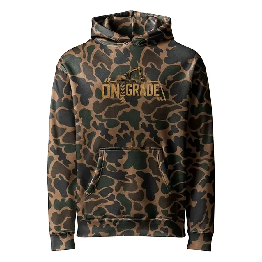 Camouflage heavyweight hoodie with the On Grade LLC excavator logo printed in gold across the chest