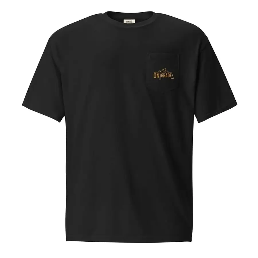 Black garment-dyed pocket t-shirt with a small On Grade LLC logo on the chest pocket
